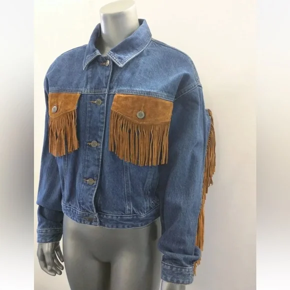 Womens Jean Denim Suede Fringe Western Cowgirl Rodeo Jacket Large Rock n Roll - Picture 15 of 16